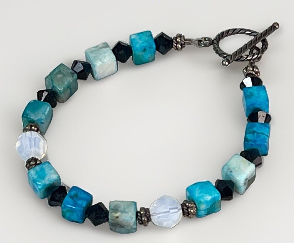 Vintage Sterling Silver Turquoise Black Crystal Beaded Bracelet Toggle 7.5”